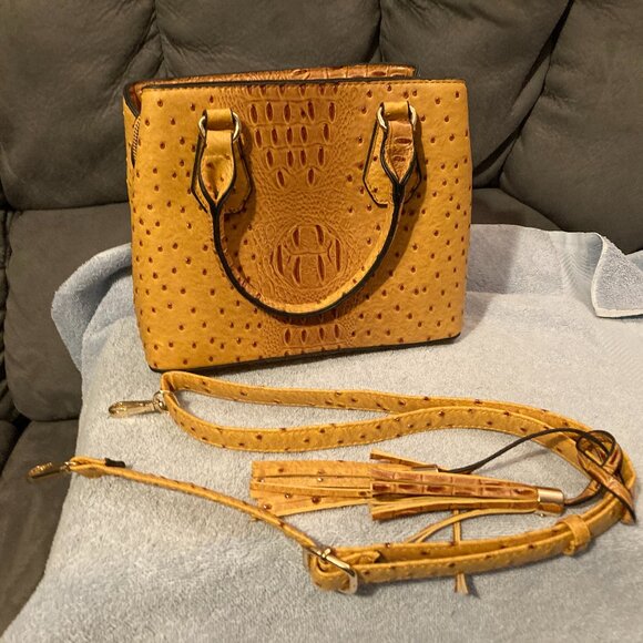 Yellow Faux Ostrich HandBag Purse-Handle+Crossbody Strap-10.5"L- 4.5"W-8.5"D-EUC - Picture 1 of 12